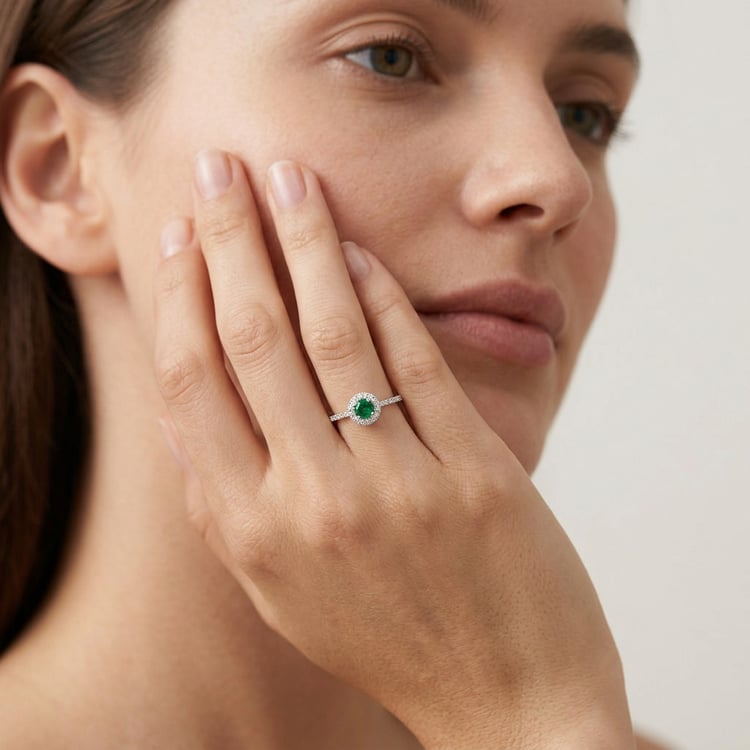 Stříbrný halo prsten se smaragdem a lab-grown diamanty Lys 171004