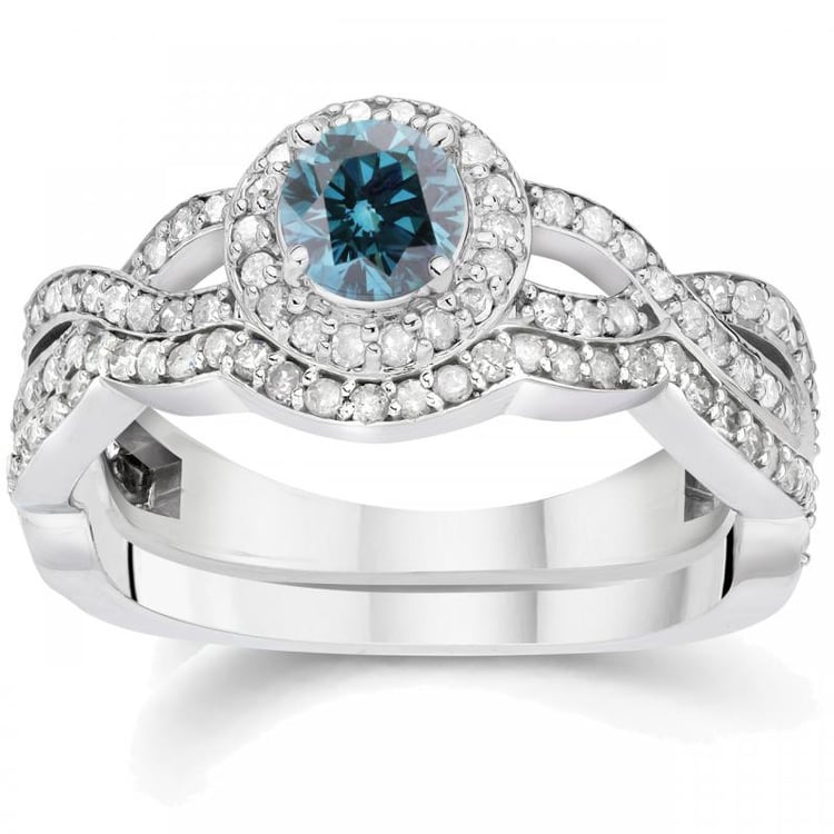 Modrý diamant obklopený bílými v setu prstenů Izabel