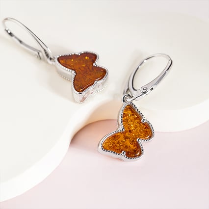 Stříbrné jantarové náušnice ve tvaru motýlků Blicas