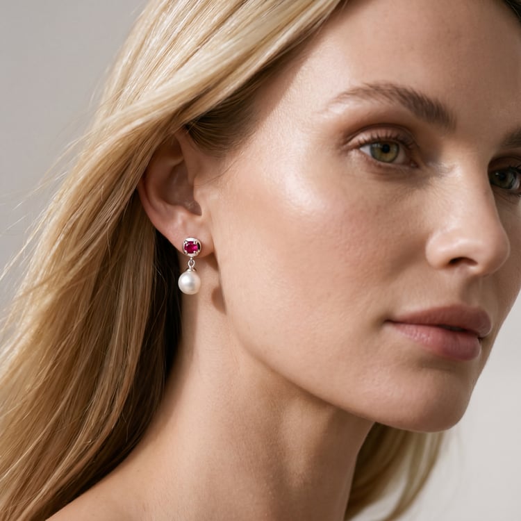 Stříbrné perlové náušnice s lab-grown rubíny Billie 170483