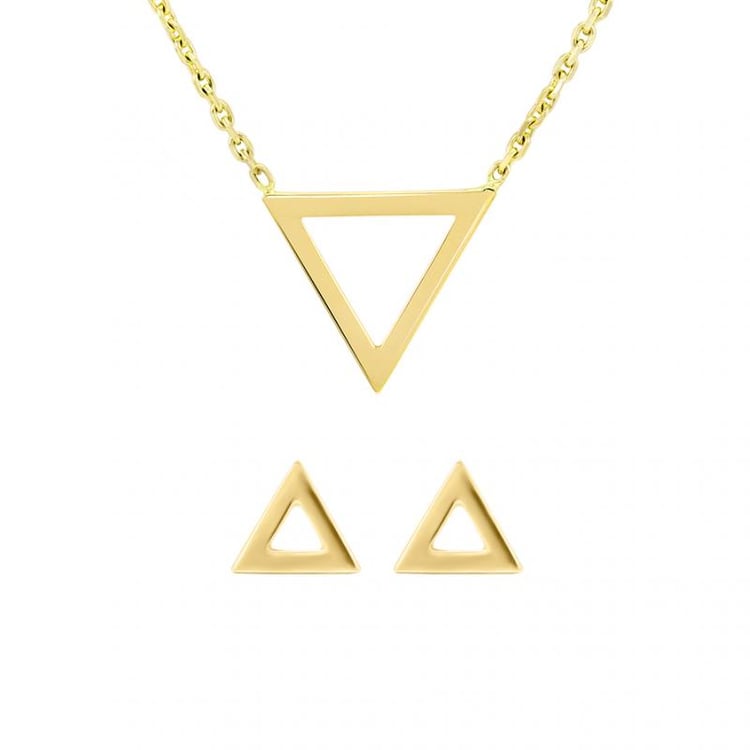 Zlatá kolekce náušnic a náhrdelníku ve tvaru trojúhelníku 10359