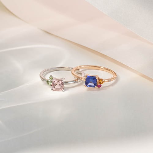 Cluster prsten s asscher tanzanitem, padparadscha safírem, rubínem a diamantem Kenny