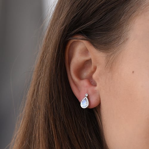 Zlaté náušnice s pear měsíčními kameny a diamanty se šroubovacím zapínáním Vendie