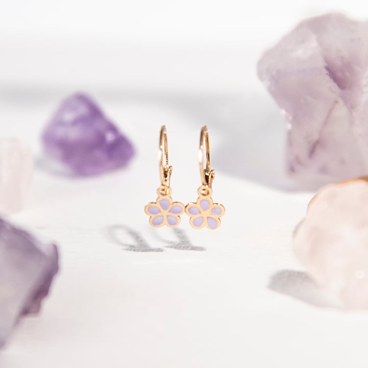 Zlaté dětské náušnice s fialovými kytičkami Judith 107942