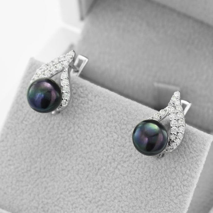 Náušnice s černými perlami a zirkony 49326