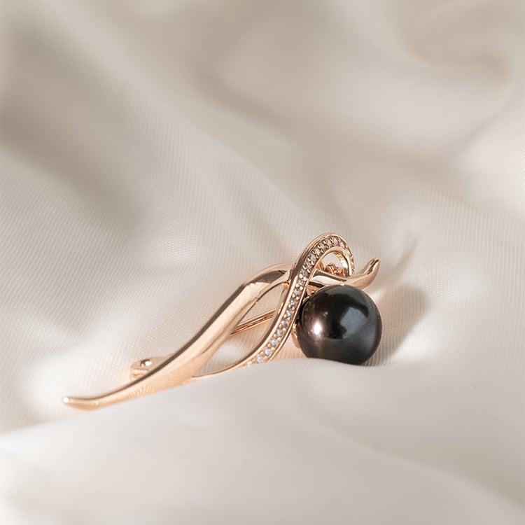 Pozlacená brož s černou perlou a zirkony Otmar 120277