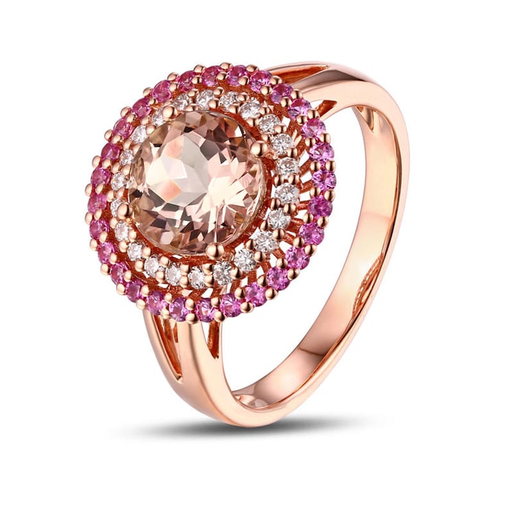 Zlatý morganitový prsten s diamanty a safíry