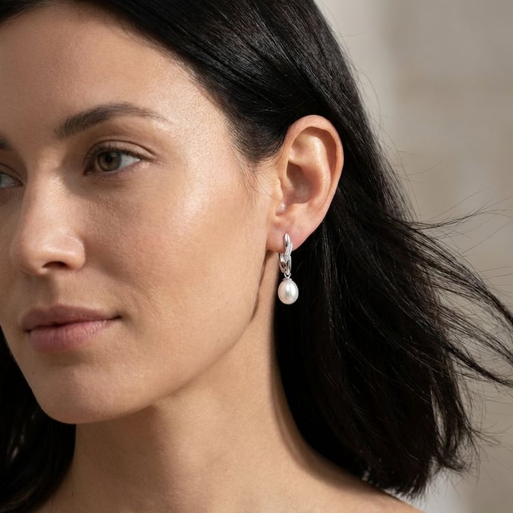 Stříbrné visací náušnice s perlou a zirkony Tahir 166307