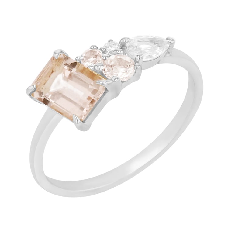 Cluster prsten s morganity, diamantem a safírem z bílého zlata