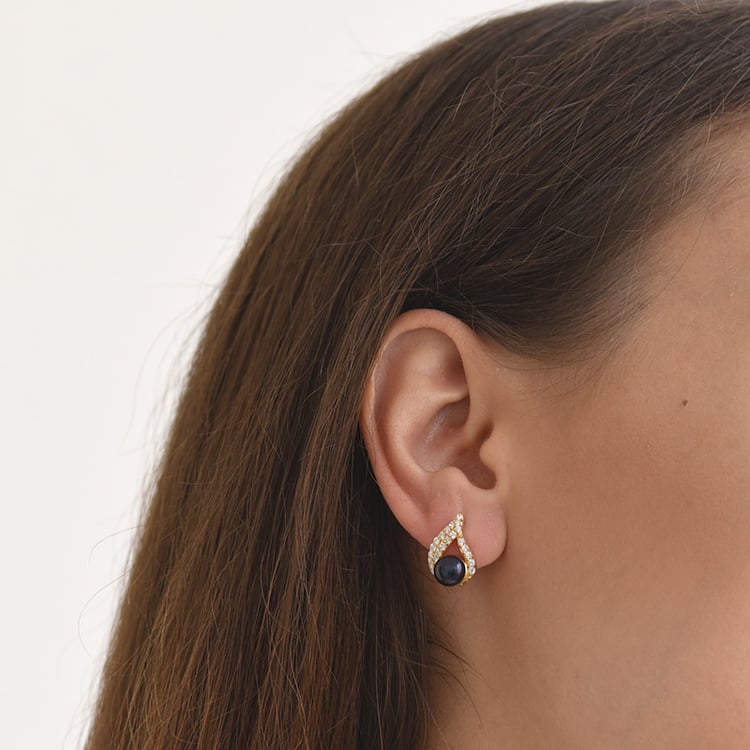 Pozlacené náušnice s černými perlami a zirkony 64422