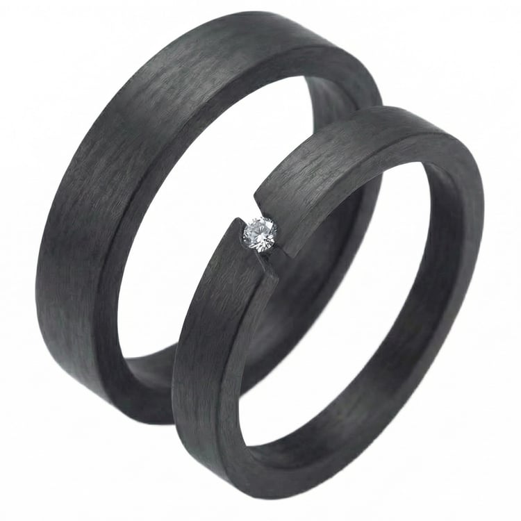 Ploché karbonové snubní prsteny s diamantem Jammu