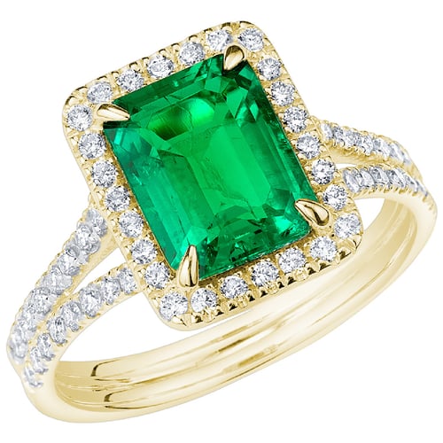 Zlatý halo prsten s emerald lab-grown smaragdem a diamanty Ralph