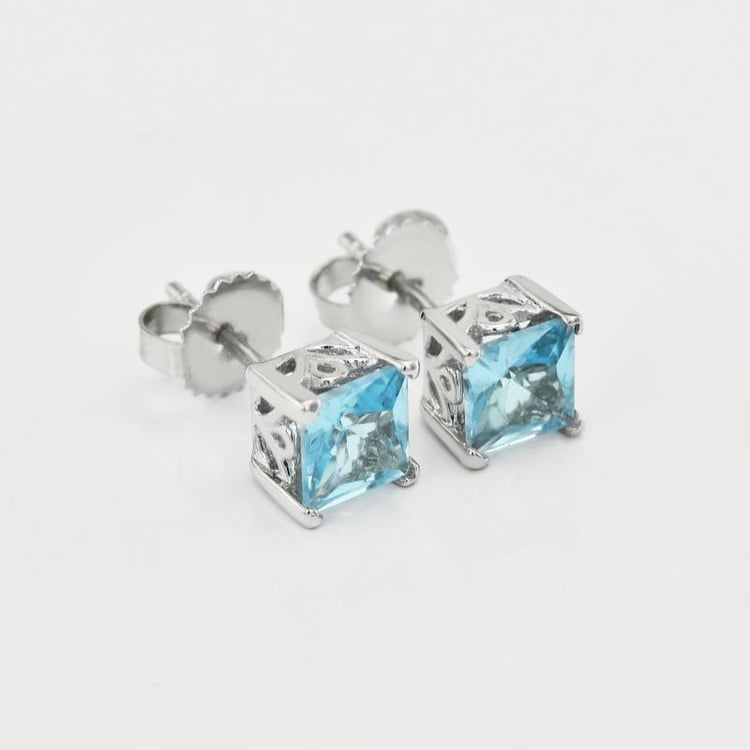 Čtvercové stříbrné náušnice s modrými topazy 4092