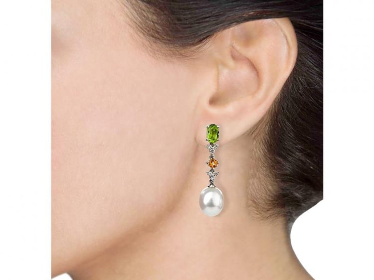 Náušnice s perlou, diamantem, citrínem a olivínem 2332