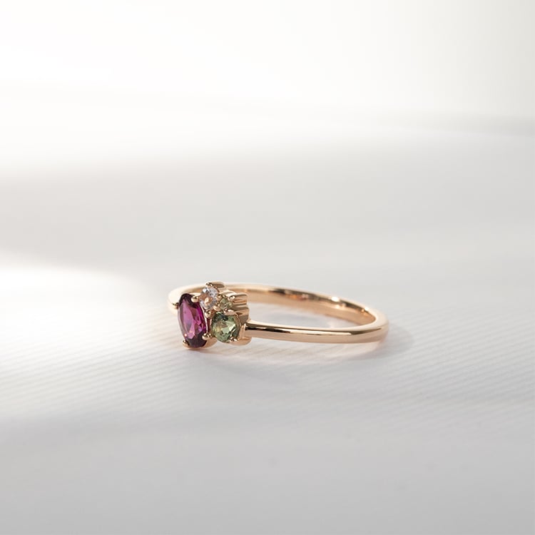 Cluster prsten s rhodolit granátem, safírem, morganitem a olivínem Bluma 121634