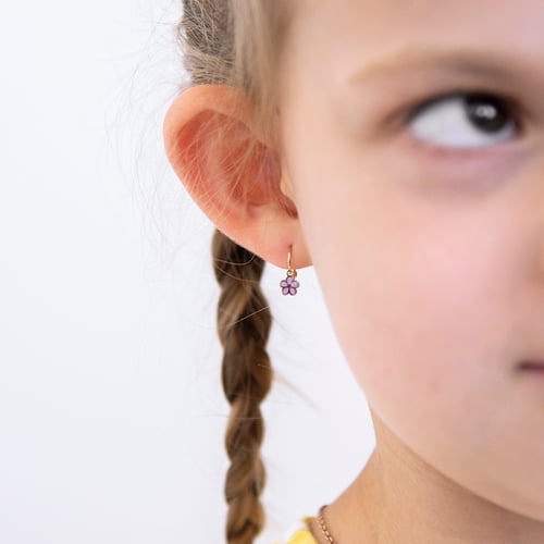Zlaté dětské náušnice s růžovými kytičkami Celia