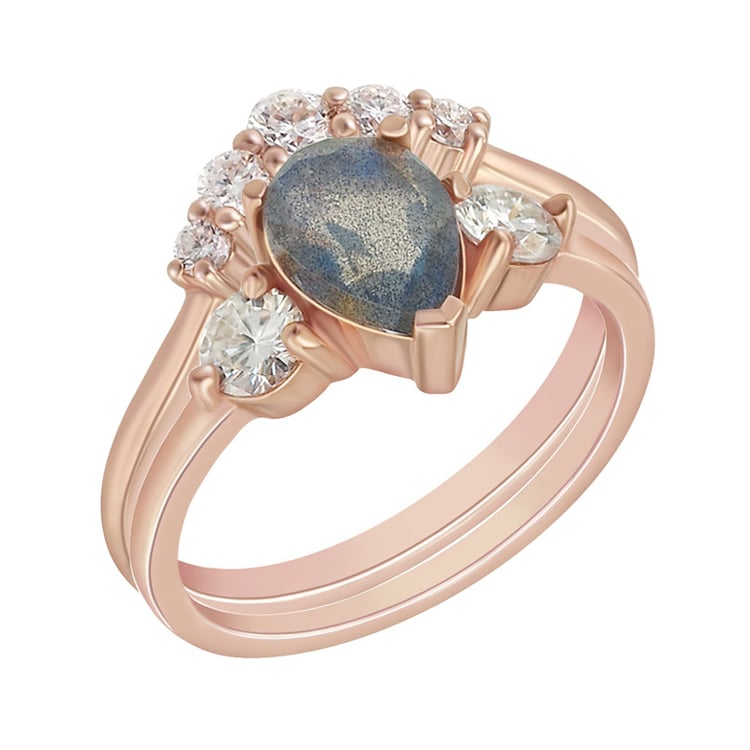 Zlatý set prstenů s labradoritem a moissanity 73776