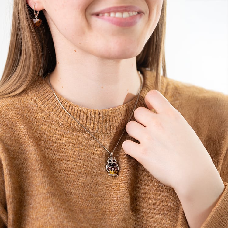 Stříbrný jantarový přívěsek ve tvaru sovy Hibou 150888