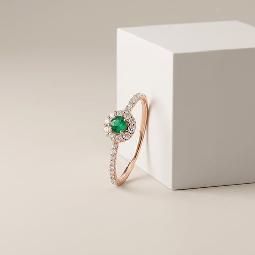 Stříbrný halo prsten se smaragdem a lab-grown diamanty Louisa