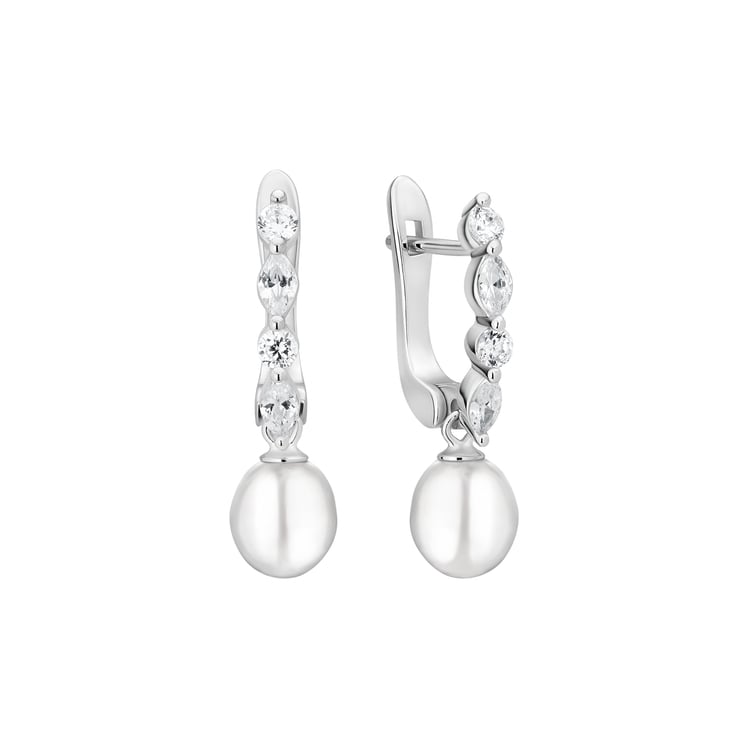 Stříbrné jednoduché visací náušnice s perlou a zirkony Vanda