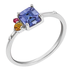 Cluster prsten s asscher tanzanitem, padparadscha safírem, rubínem a diamantem Kenny