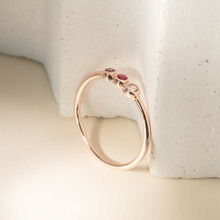 Zlatý prsten s ametystem, rubínem a akvamarínem Dania 120119