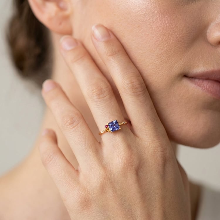 Cluster rozvodový prsten s asscher tanzanitem, padparadscha safírem, rubínem a diamantem Dennis 166257