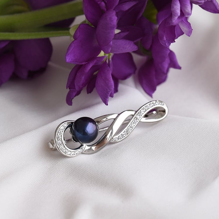 Brož s černou perlou a zirkony ze stříbra 83584