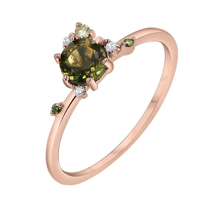 Cluster zásnubní prsten s vltavínem, safírem a diamanty Rosa 145663