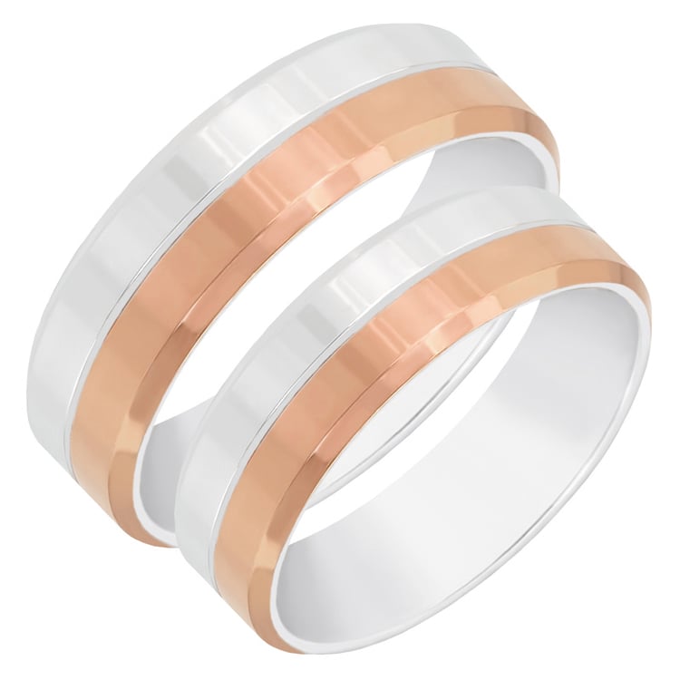 Dvoubarevné ploché snubní prsteny se zkosenými hranami 60632