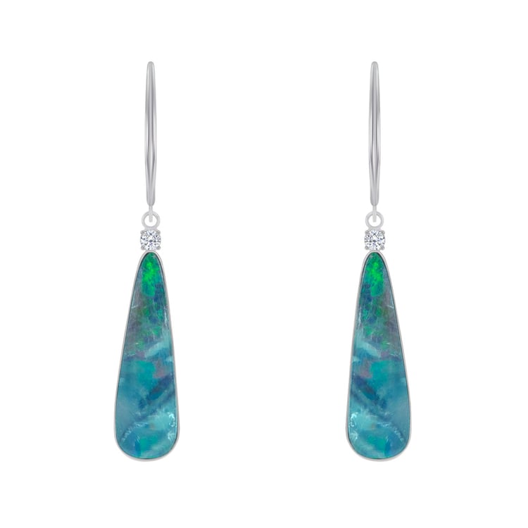 Zlaté visací náušnice s modrými opály a diamanty