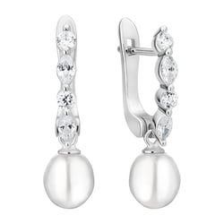 Stříbrné jednoduché visací náušnice s perlou a zirkony Vanda