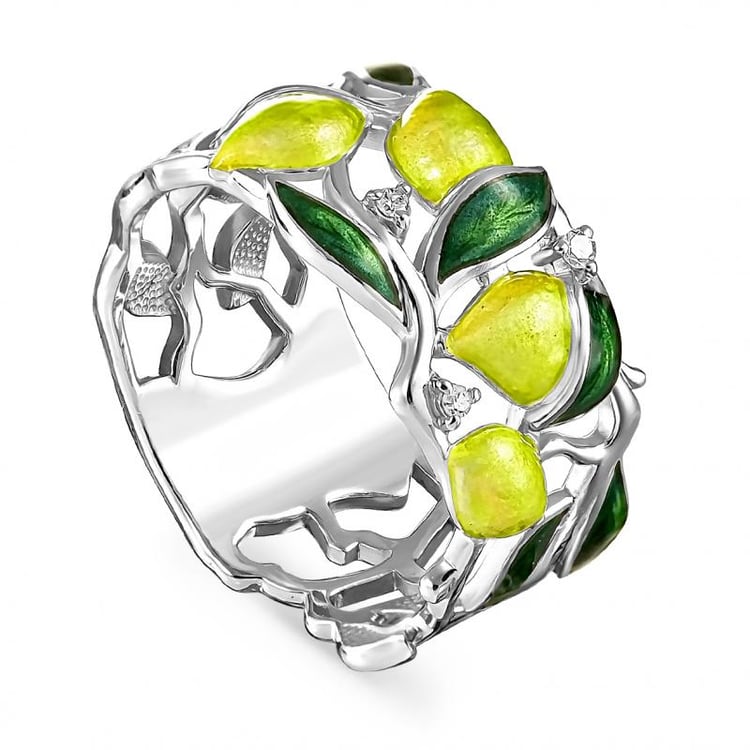 Stříbrný diamantový prsten s enamelem a citrony