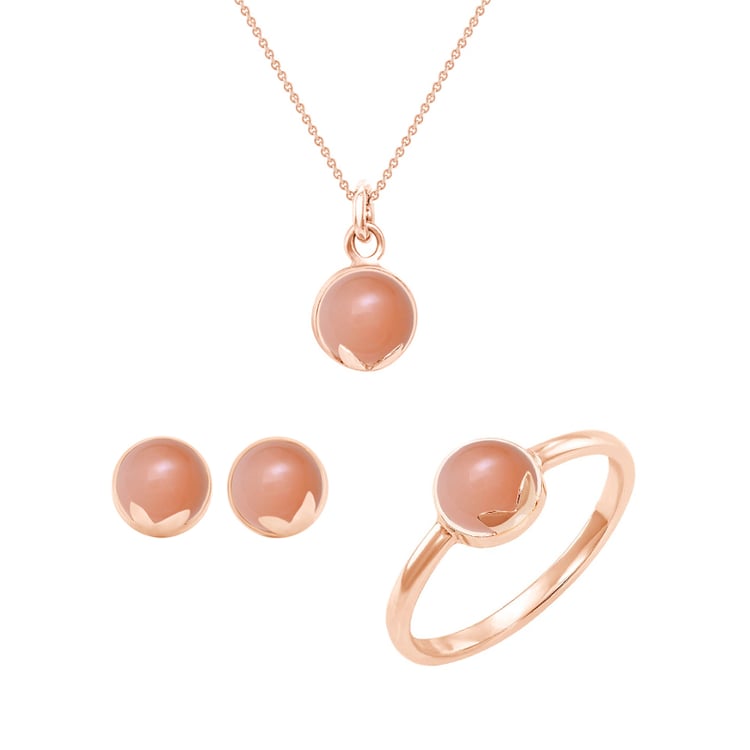 Kolekce šperků s cabochon broskvovými měsíčními kameny z růžového zlata