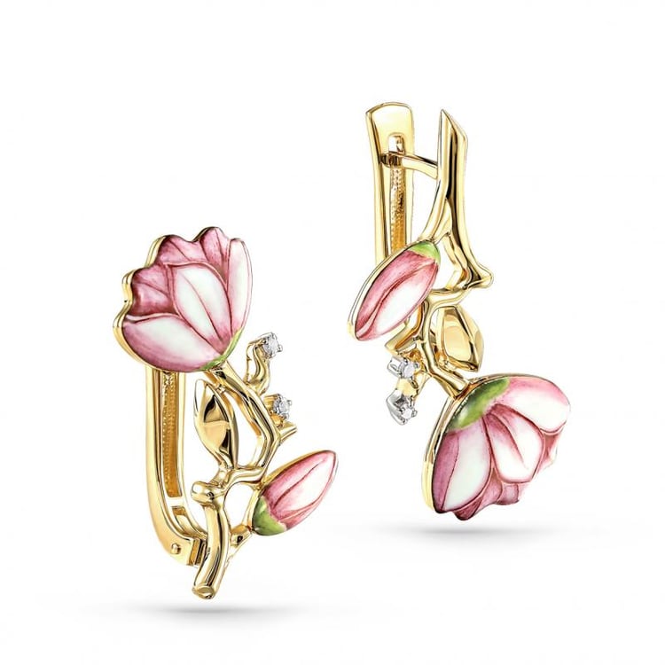 Zlaté květinové náušnice s enamelem a diamanty