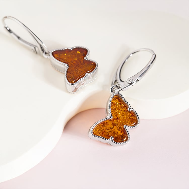 Stříbrná kolekce s jantary ve tvaru motýlků Peteli 150750