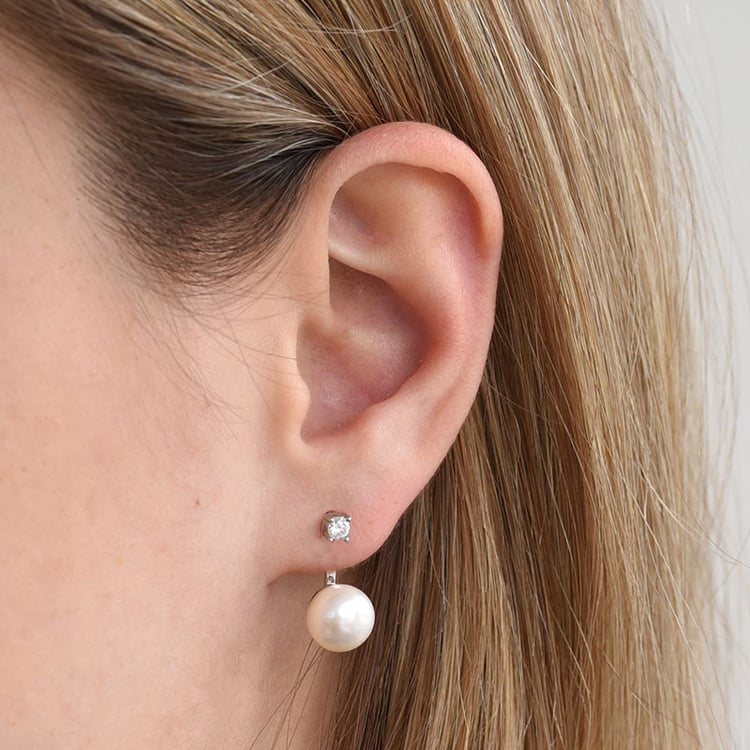 Stříbrné náušnice 2v1 s perlami a zirkóny Leela 100262