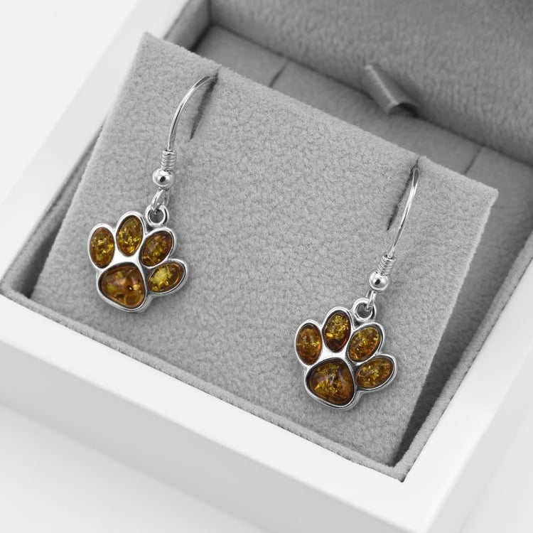 Stříbrné náušnice s jantarovými tlapkami 52057