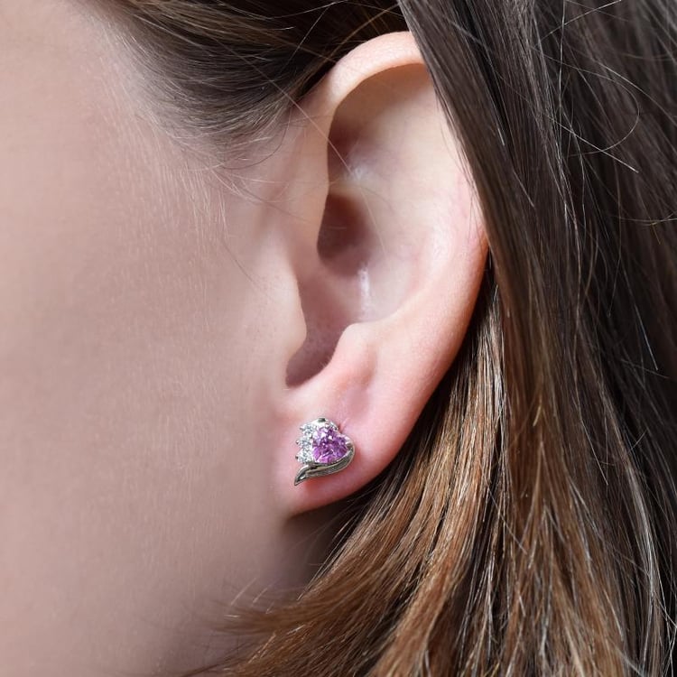 Stříbrné náušnice s růžovými srdíčkovými safíry a zirkóny Miane 24468