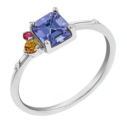 Rozvodový prsten s asscher tanzanitem, padparadscha safírem, rubínem a diamantem Dennis