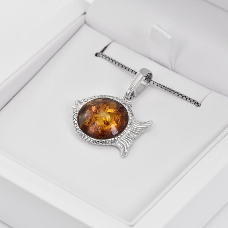 Stříbrná rybka s jantarem 28896