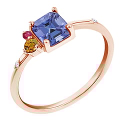 Cluster prsten s asscher tanzanitem, padparadscha safírem, rubínem a diamantem Kenny