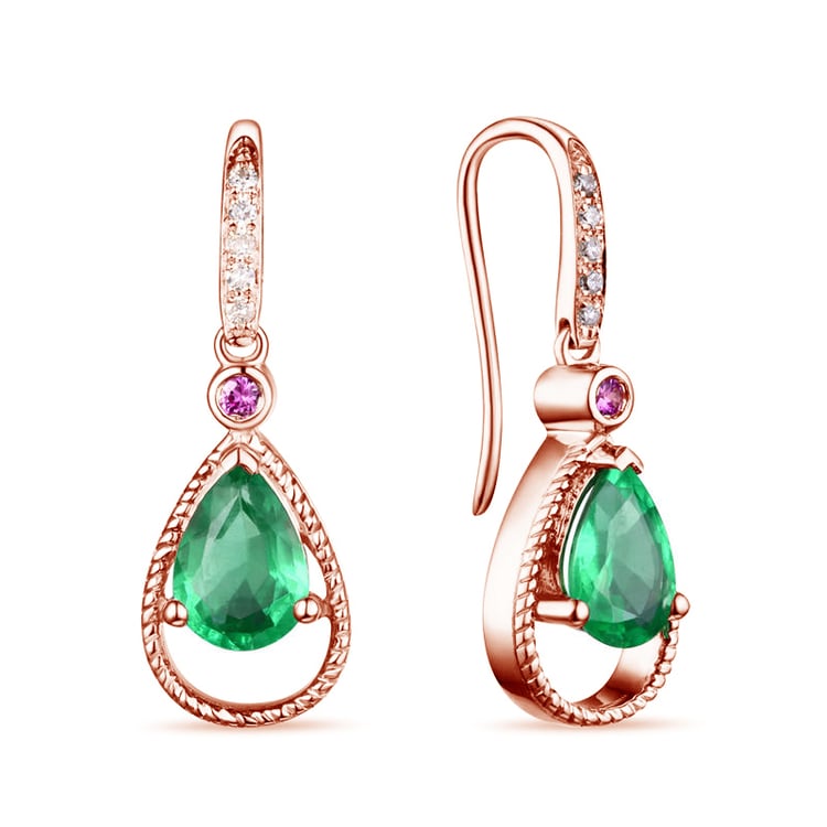 Náušnice z růžového zlata se smaragdy