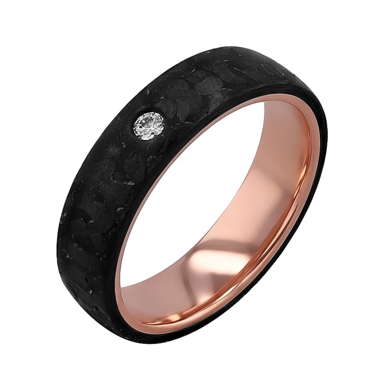 Mírně zaoblené snubní prsteny z karbonu a zlata s diamantem Katu 125066