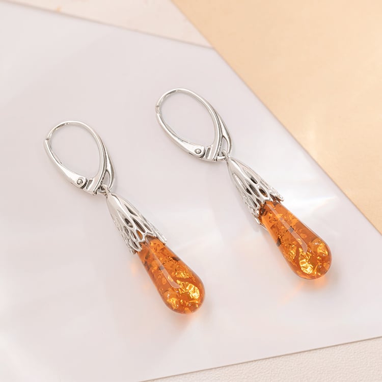 Stříbrné jantarové náušnice ve tvaru slziček Rose 152776