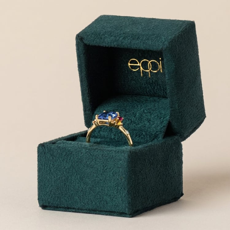 Cluster rozvodový prsten s asscher tanzanitem, padparadscha safírem, rubínem a diamantem Dennis 166092