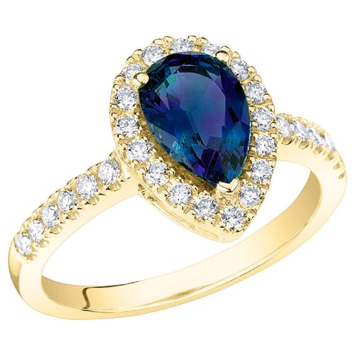 Zlatý halo prsten s pear lab-grown alexandritem a diamanty Mason