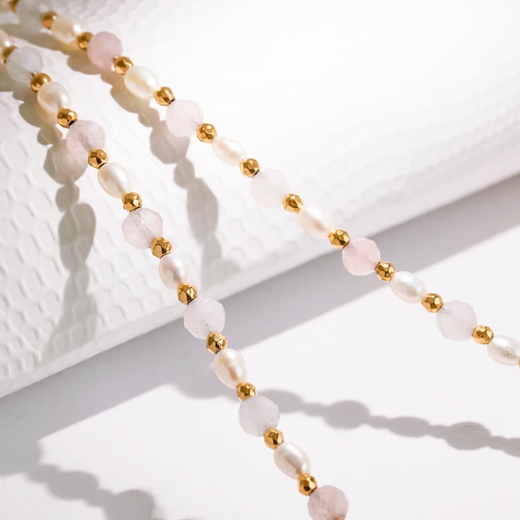 Stříbrný pozlacený náhrdelník s perlami a morganitovými korálky Rossa 115676