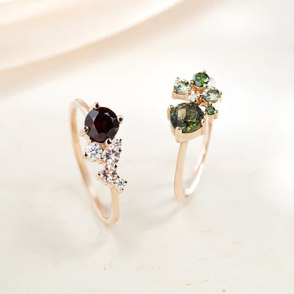 Cluster prsten s českým granátem, morganity a moissanity Sava