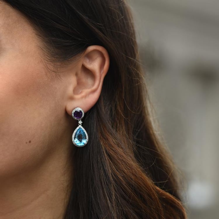 Náušnice s topazy a ametysty z bílého zlata 47957